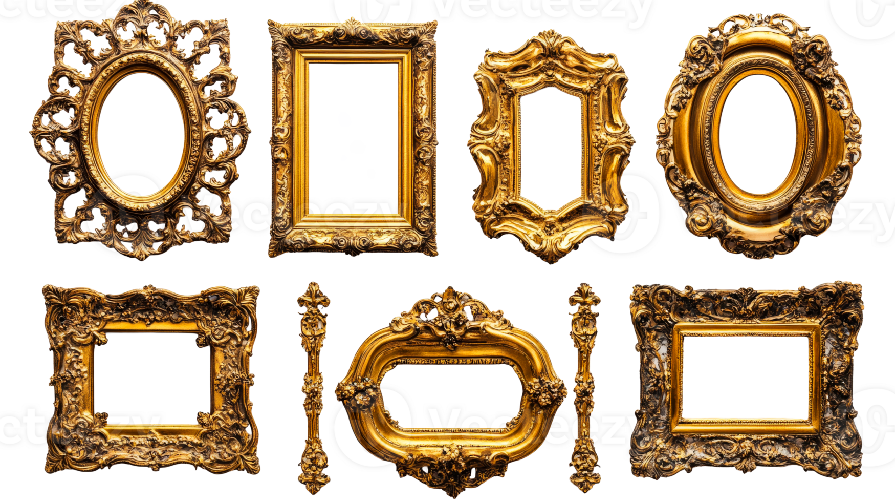 Golden Frames Collection on Black, cut out transparent png