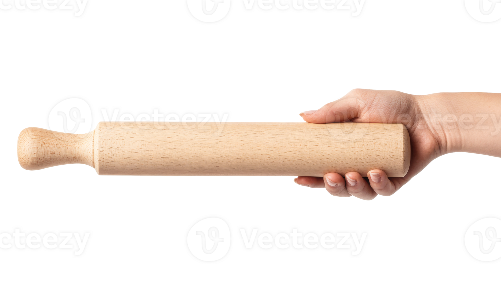 Hand holding beech rolling pin, cut out transparent png