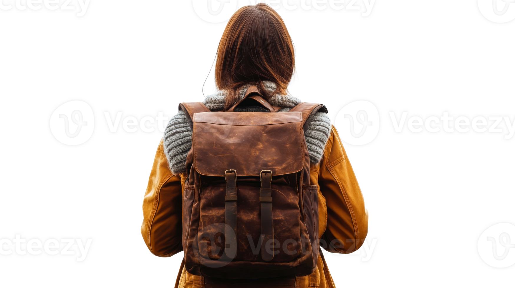 Female back with leather bag, cut out transparent png