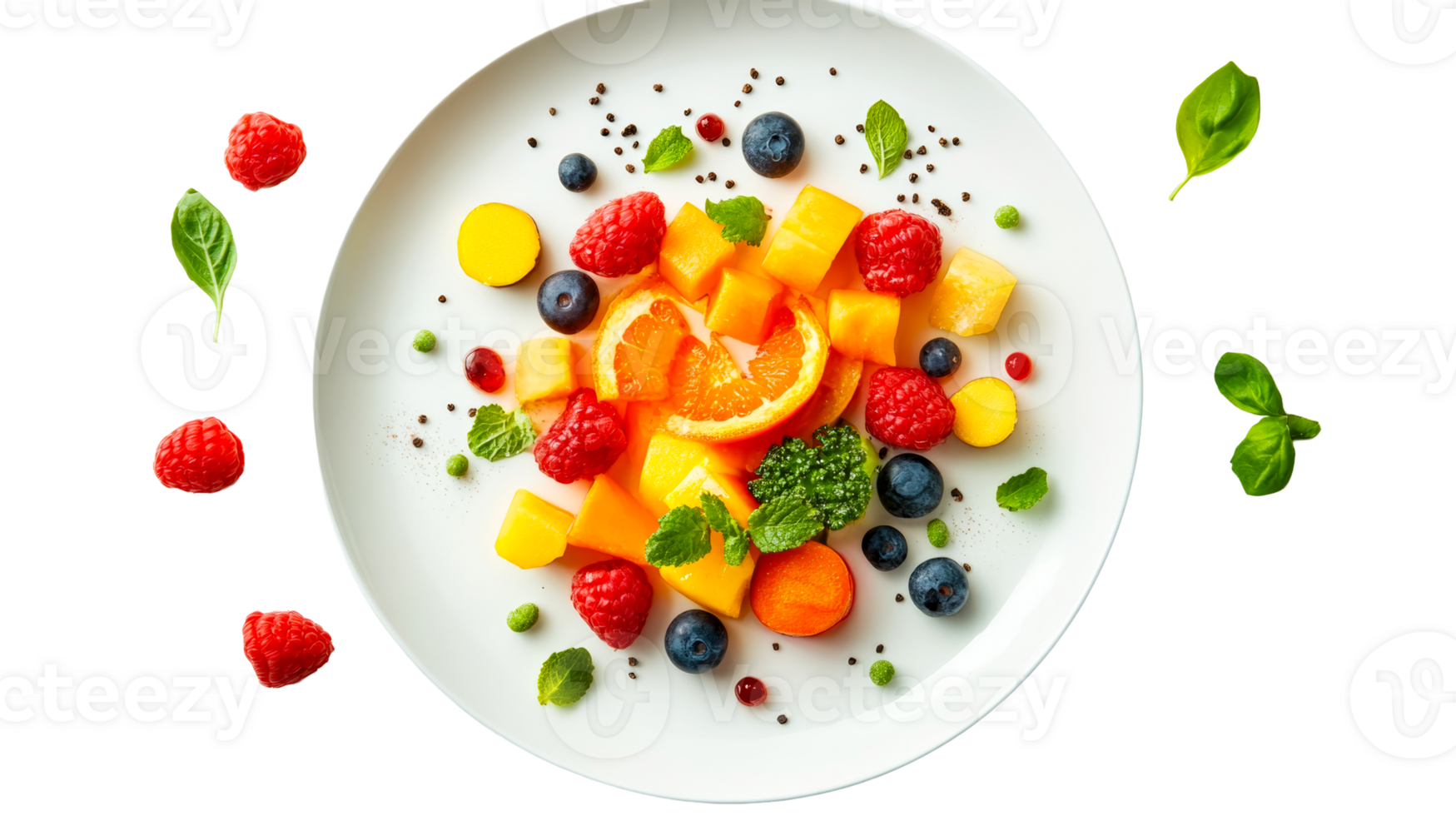 Orange, mango, raspberry plate, cut out transparent png