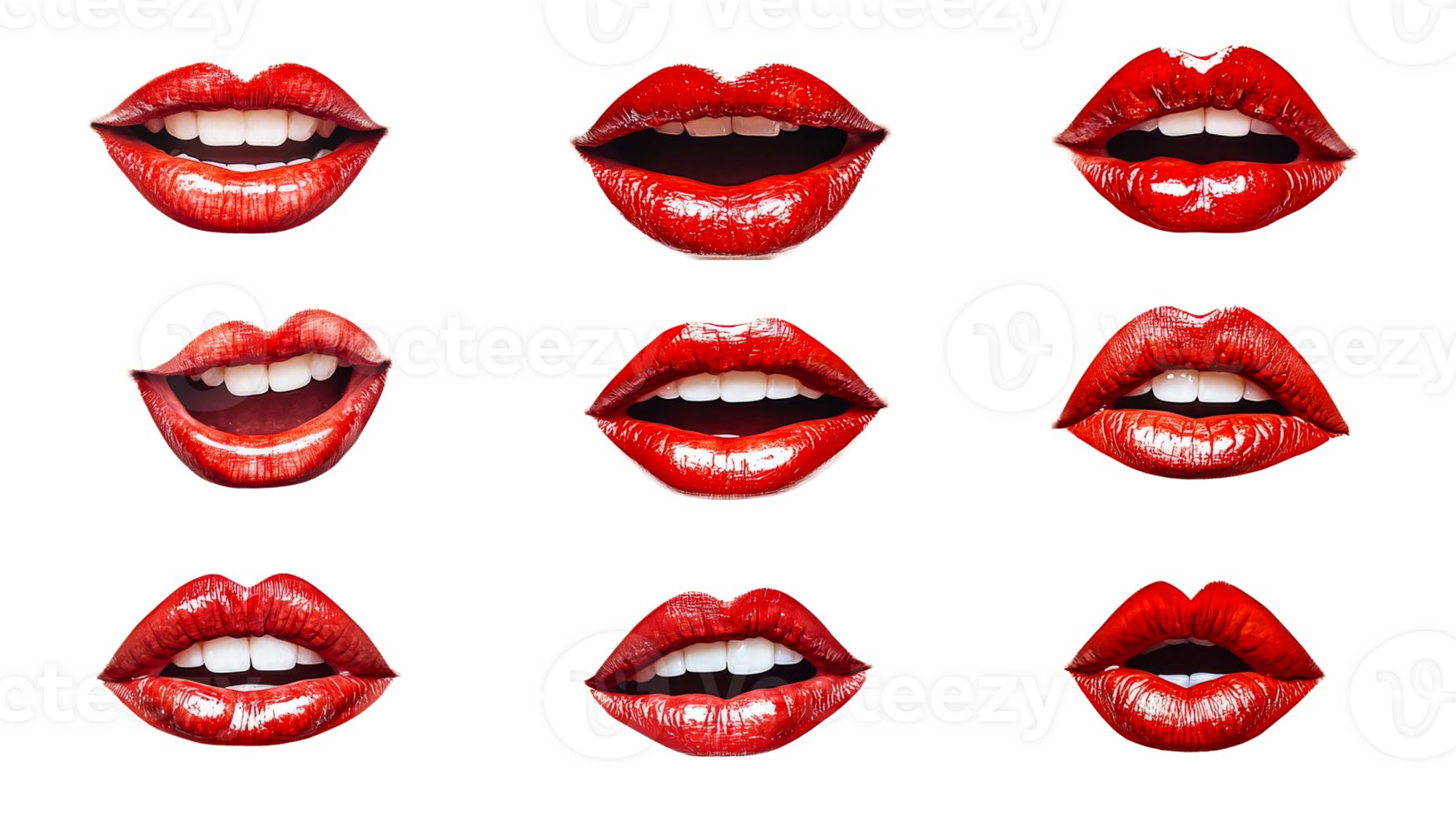 Glossy red lips with different expressions, cut out transparent png