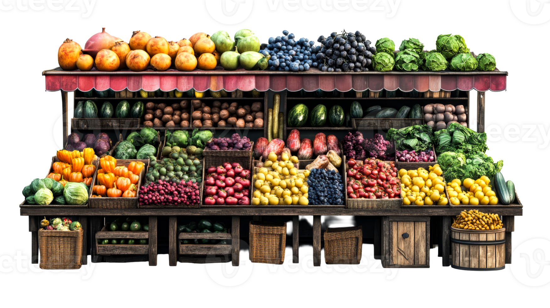 Produce stand filled with fresh fruits, vegetables, cut out transparent png