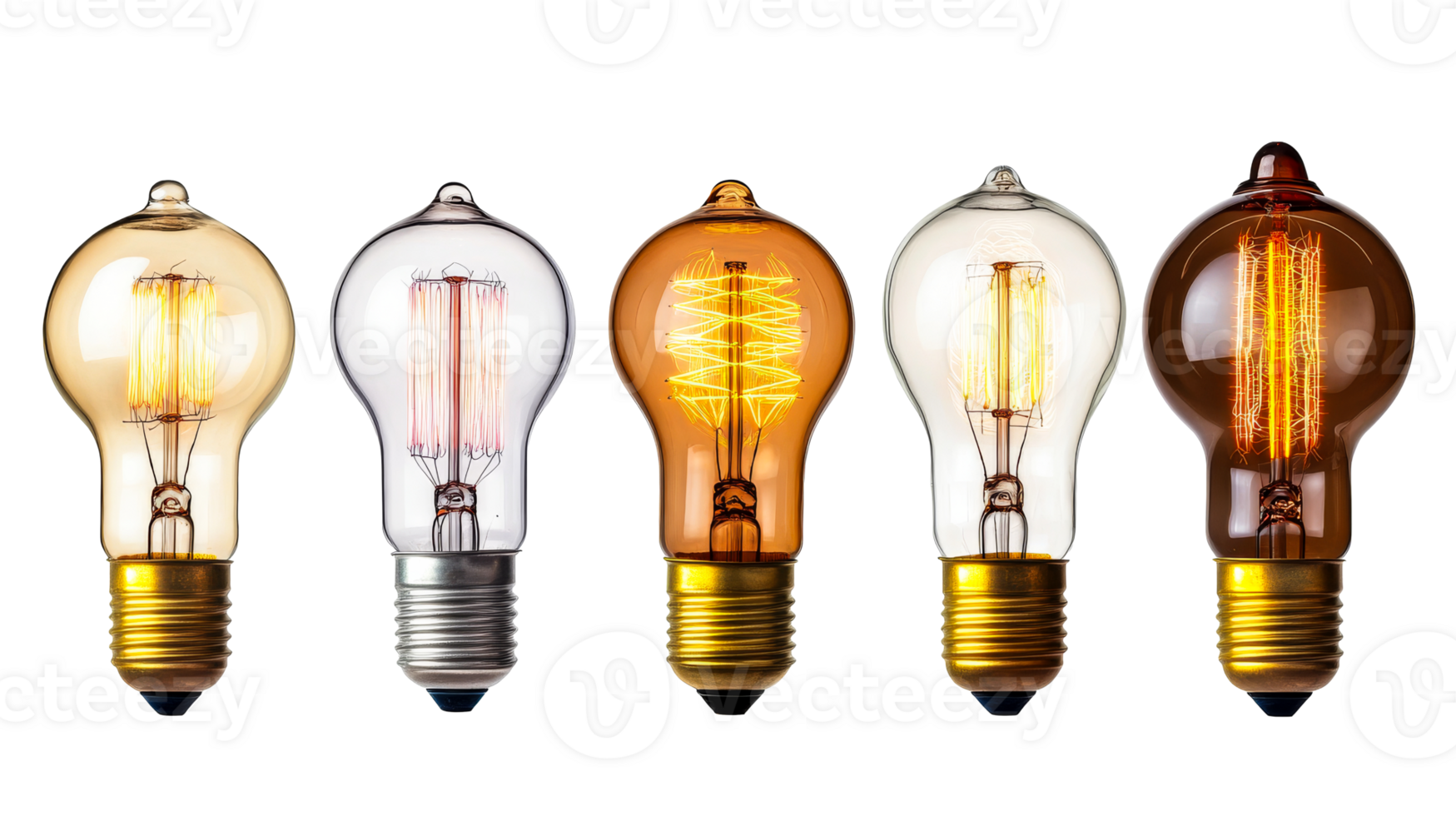 Lineup of vintage lightbulbs, cut out transparent png