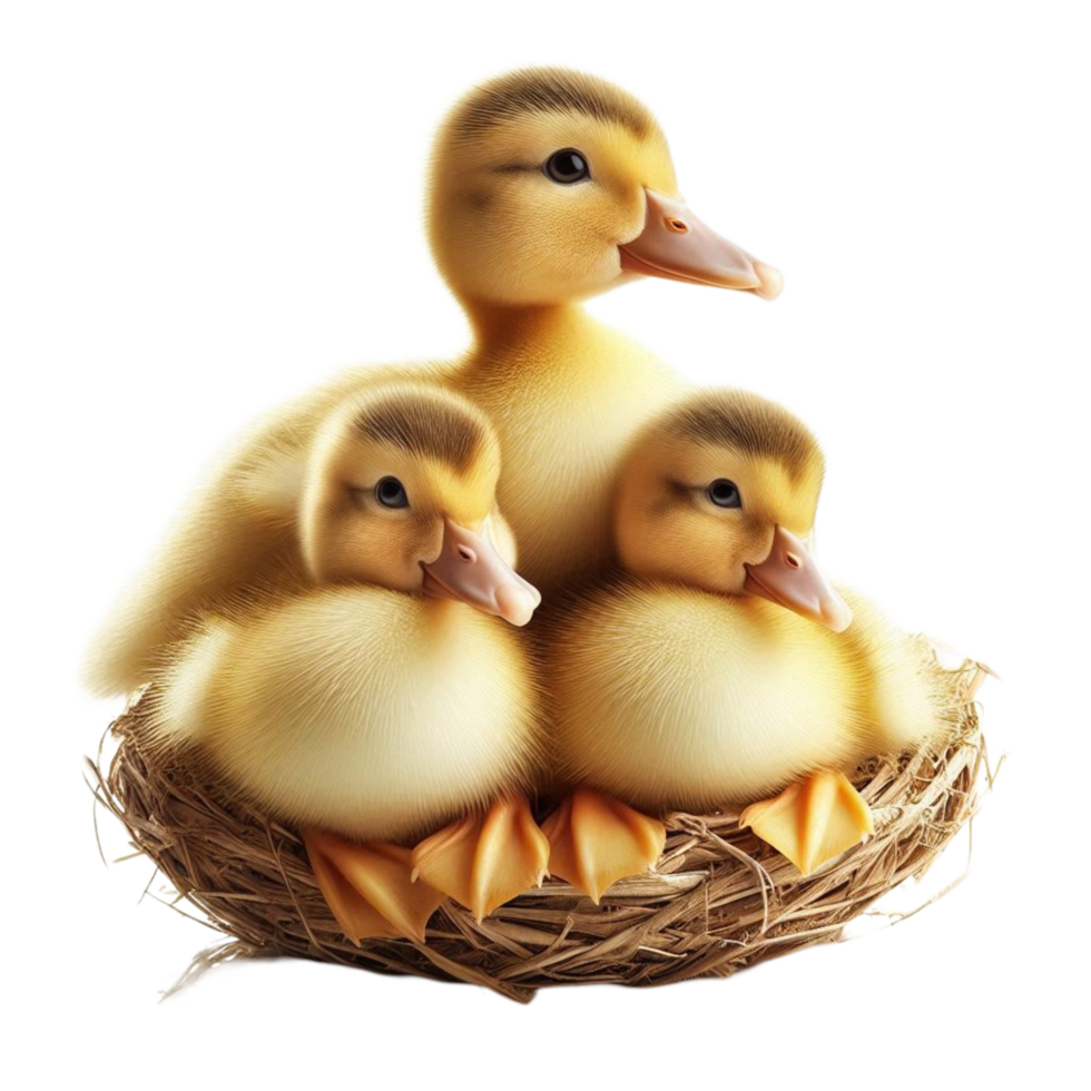 Three Ducklings in Nest on White Background png