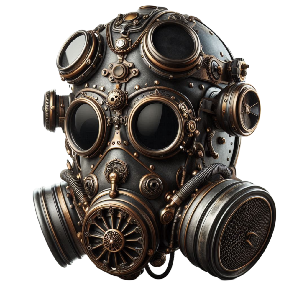 a gas mask with a steam engine on it png
