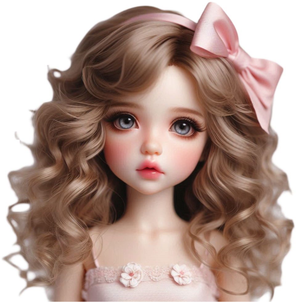 Curly Haired Doll with Light Pink Bow png