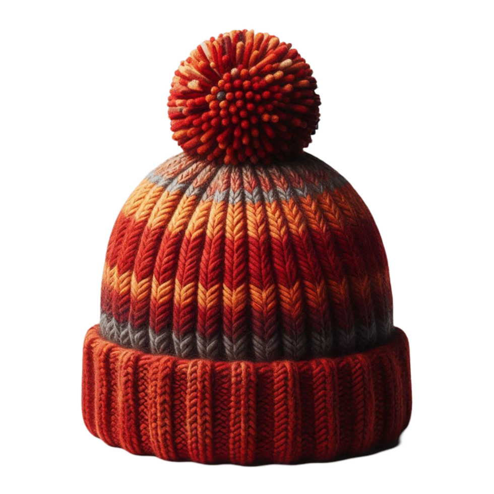 Red and Orange Knitted Pom-Pom Hat png