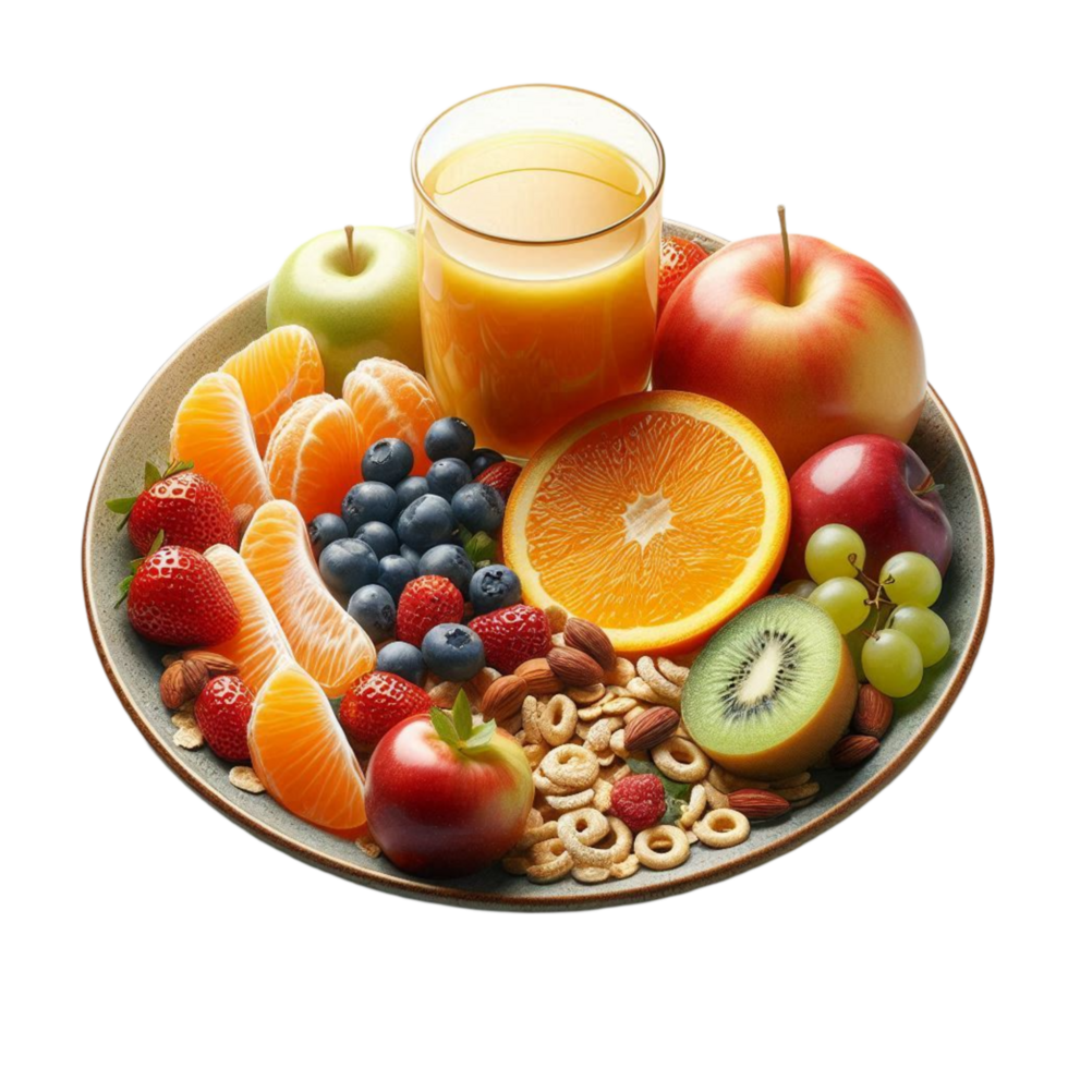Plate of Fresh Fruit and Juice on Table png