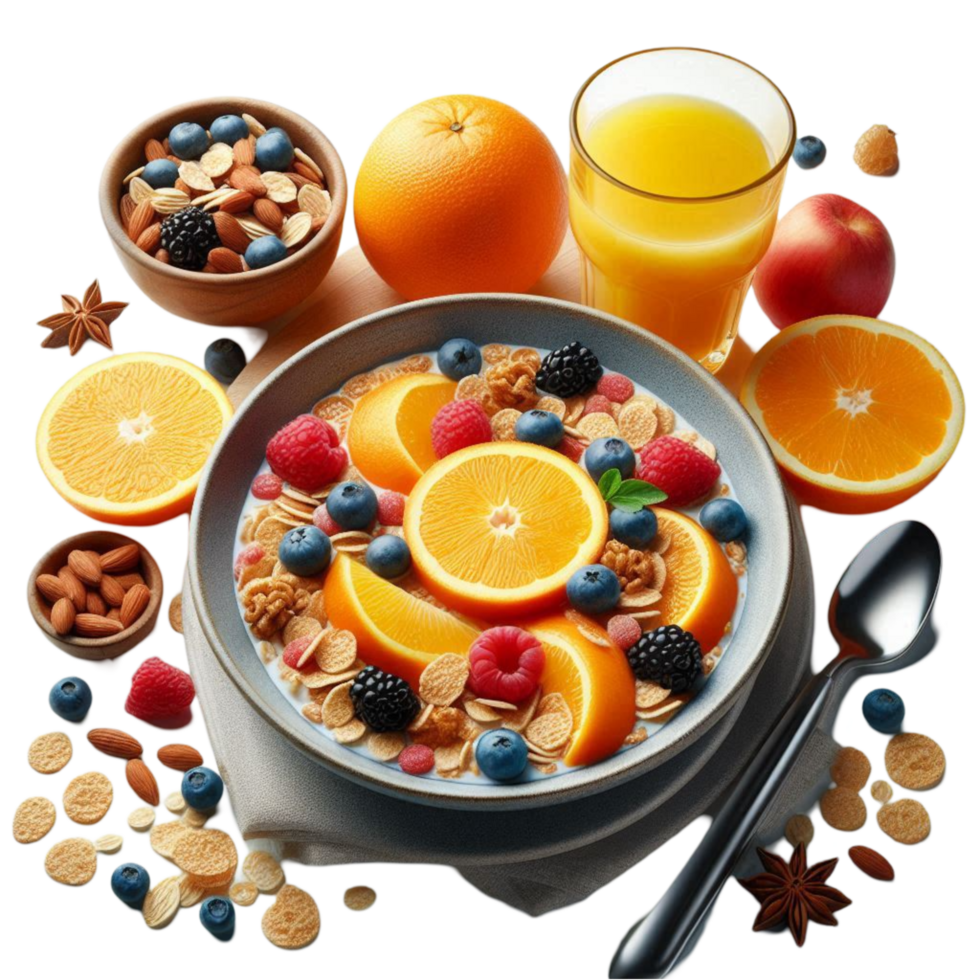 Fruit and Cereal Breakfast with Orange Juice and Milk png