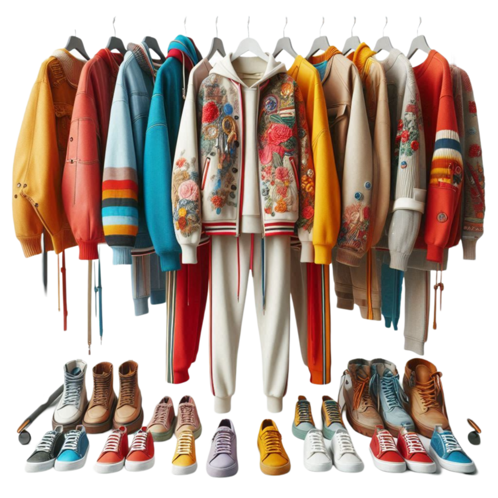 a bunch of colorful jackets and shoes on a hanger png