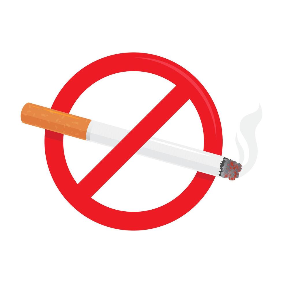 No smoking symbol with realistic illustration. 3d cigarette icon with smoke. Red prohibition signs vector