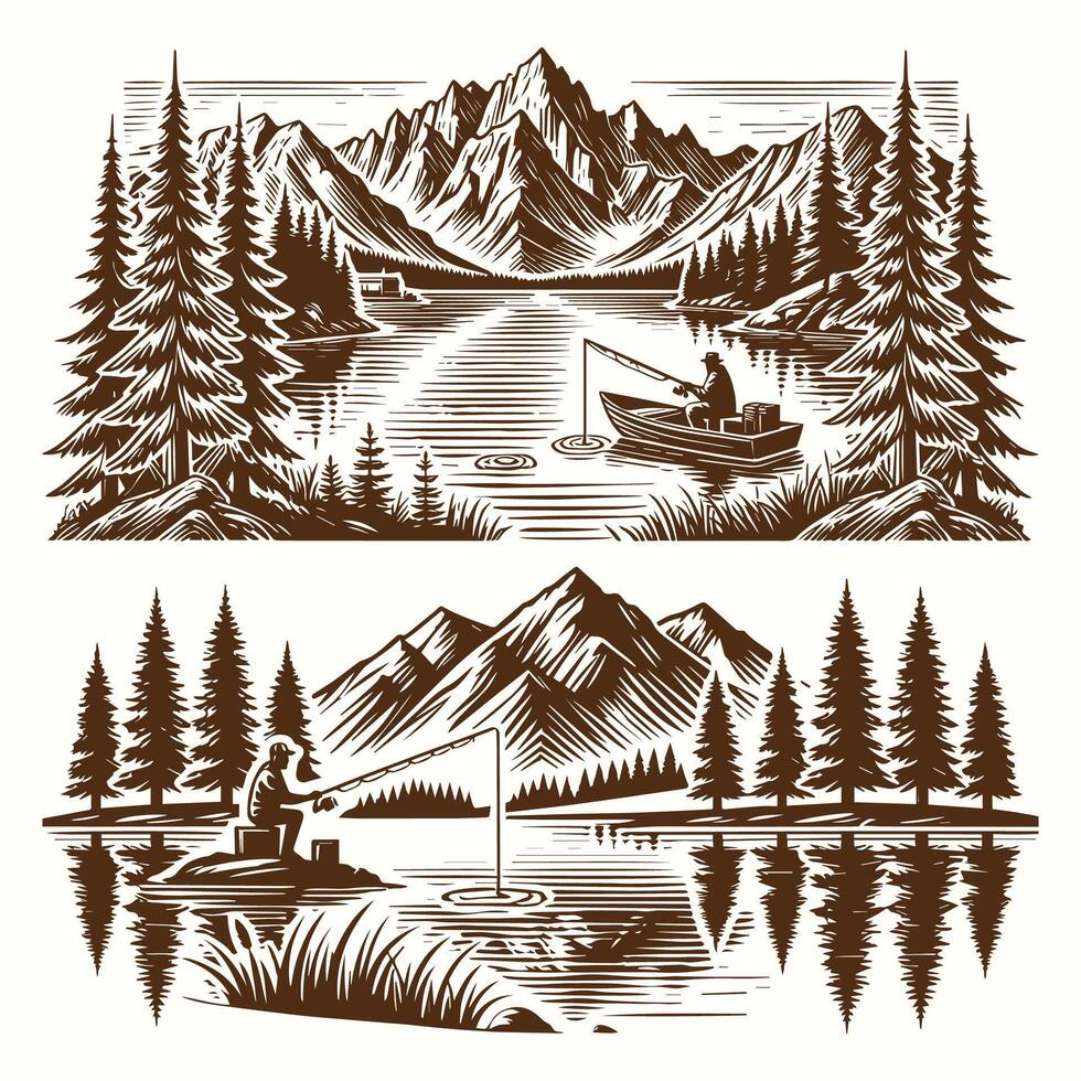 Fishing In Mountain Lake Landscape design vector