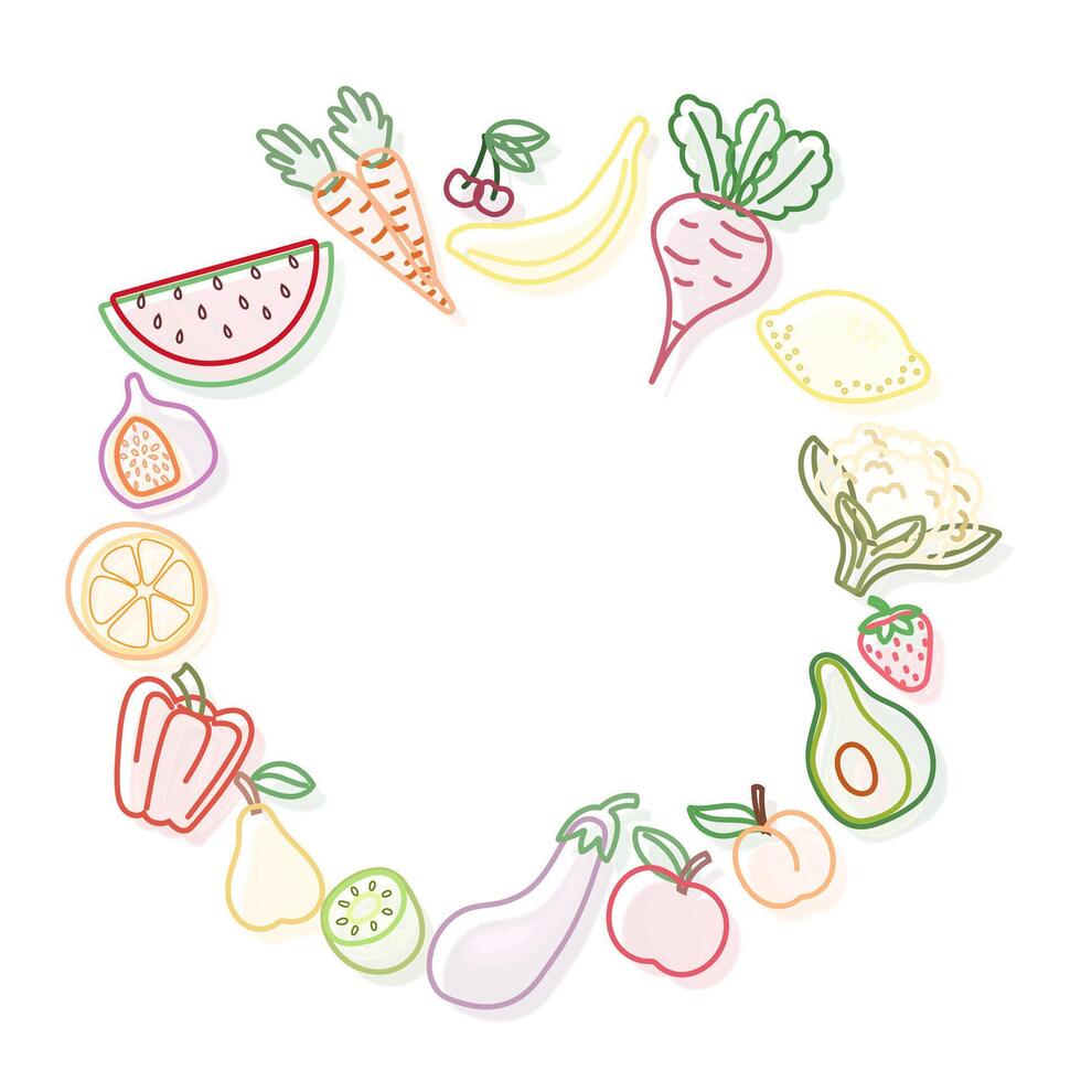 Flat outline wreath with fruits and vegetables, isolated vector