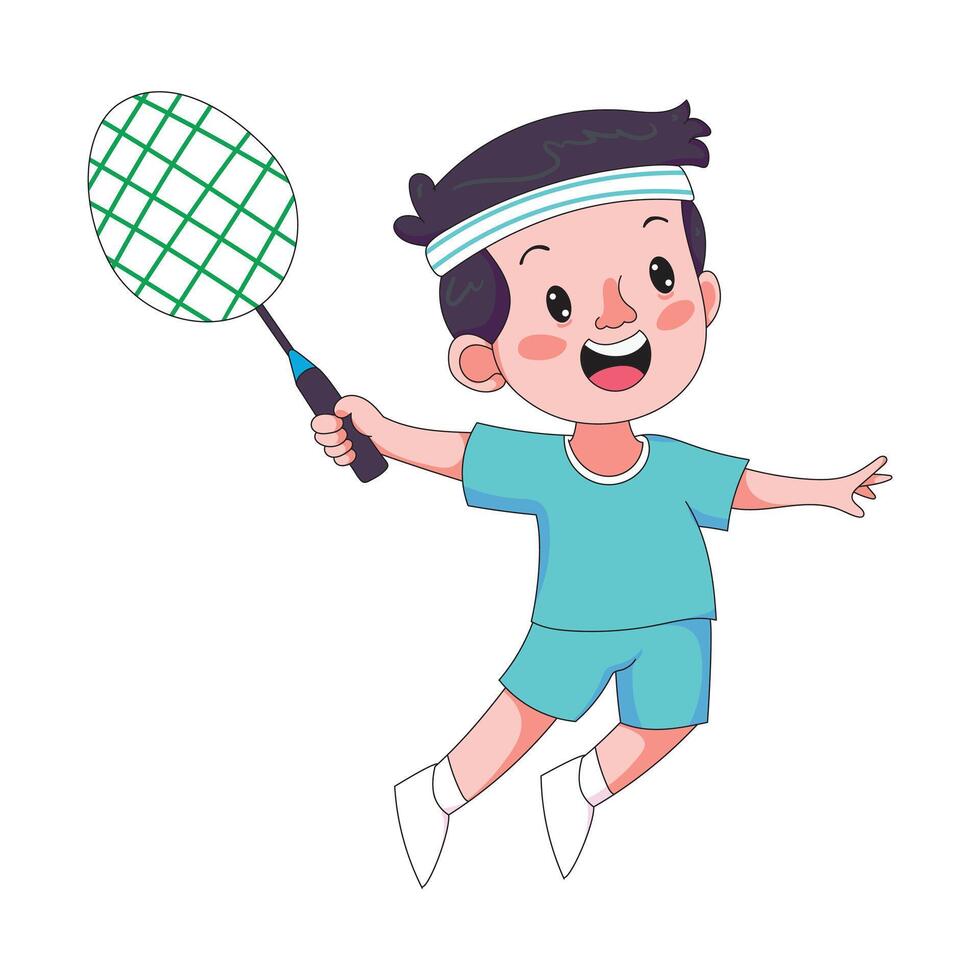 Cute boy playing badminton with racket and shuttlecock, fun childhood, education, sports, and hobby art vector
