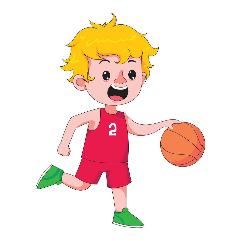 Cute boy playing basketball, fun childhood activity with sports, hobby, and education concept illustration vector