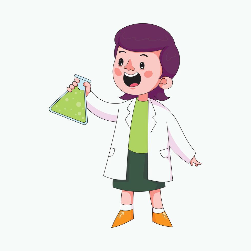Young scientist boy exploring mercury bottle with experiment liquid, fun childhood education concept art vector
