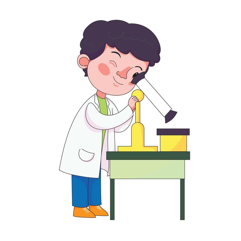 Young scientist kid excitedly using a microscope in the lab, fun education, science, and childhood concept vector