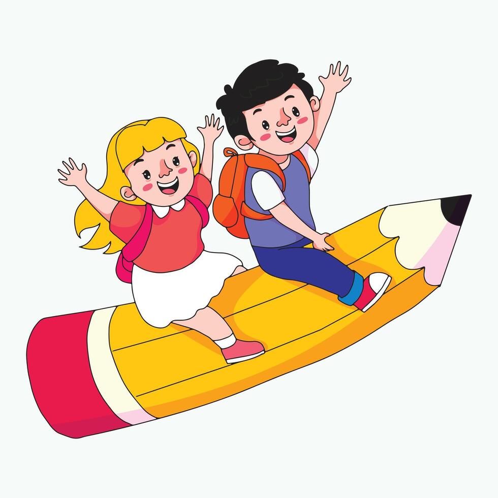 Cute boy and girl riding a giant pencil to school, fun education and childhood learning concept illustration. vector