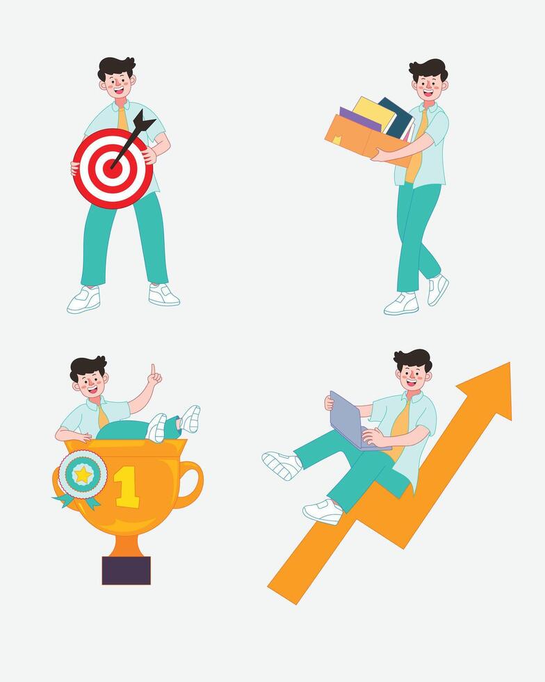 Business success and workplace progress illustrations, showing growth, teamwork, achievement, and productivity vector