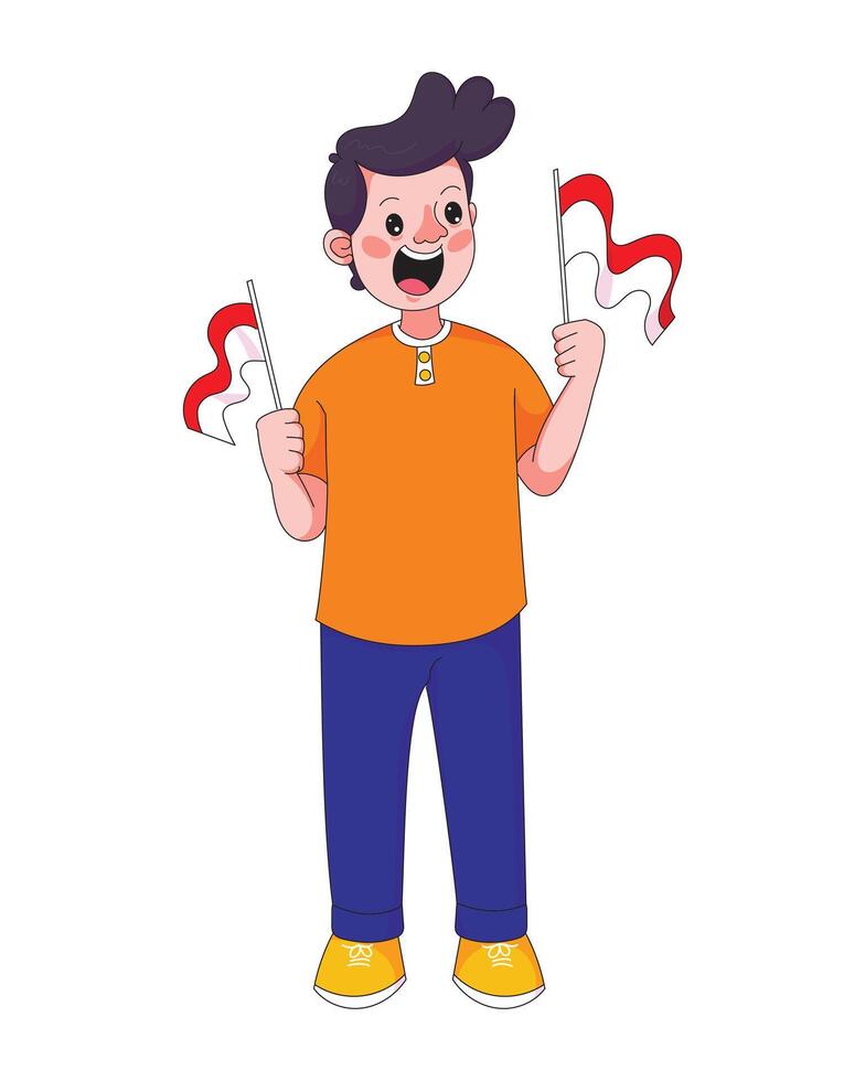 Happy child holding Indonesian flags in both hands, celebrating Independence Day with joy and national pride. vector