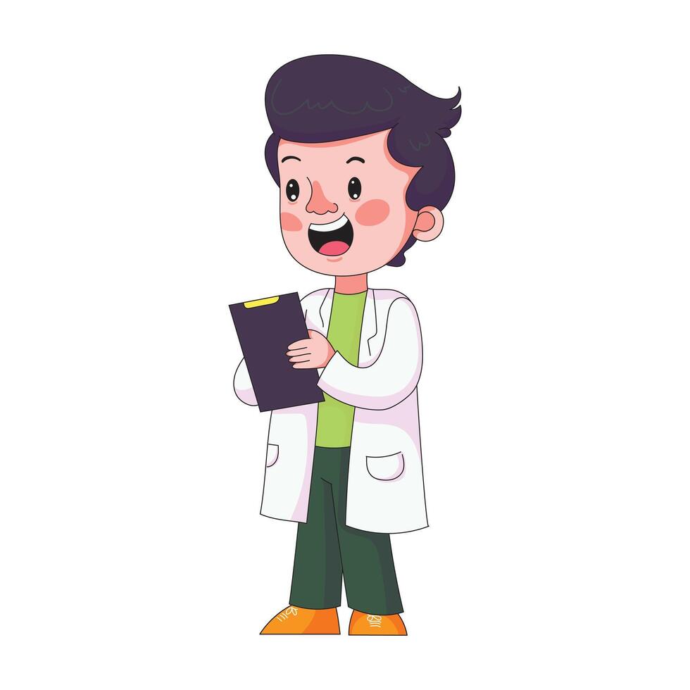 Smiling boy writing on clipboard, fun childhood learning moment, education, school, and study concept art vector