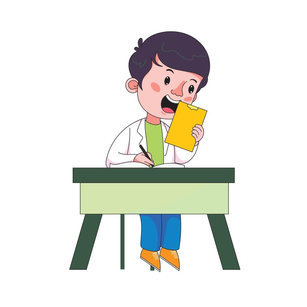 Smiling cartoon child scientist writing on clipboard, fun education, learning, and childhood concept art vector