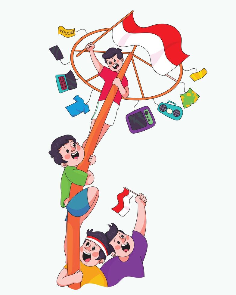 Joyful panjat pinang competition celebrating Indonesia Independence Day with flag waving at the top of the pole. vector