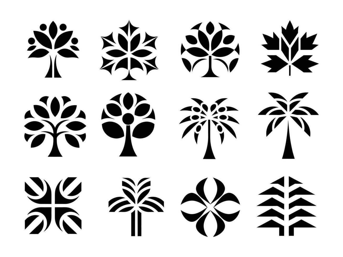 set of black silhouettes of plants logo icon vector