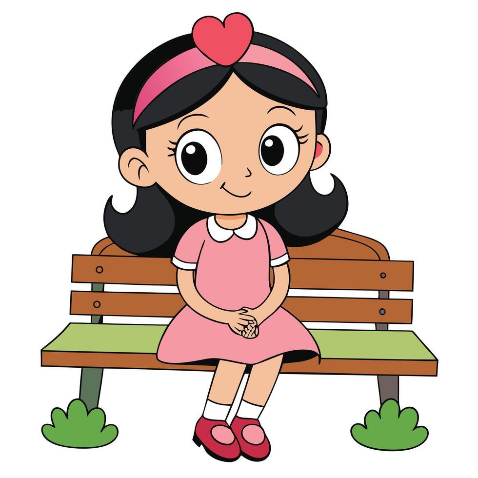 Cute cartoon girl sitting on a park bench alone with happy expression vector