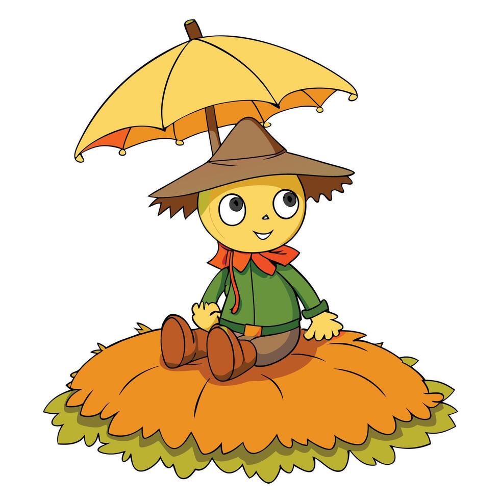 Cute cartoon scarecrow sitting under umbrella on a pile of autumn leaves vector