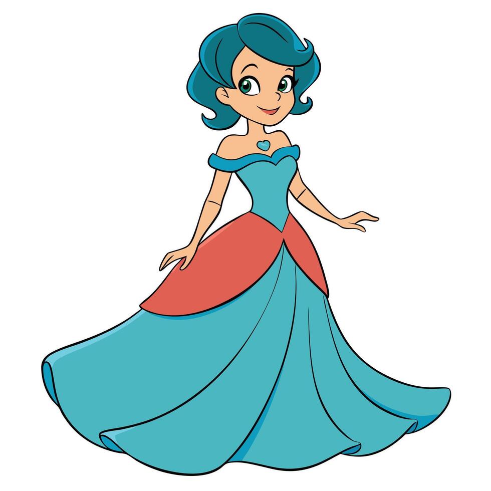 Elegant cartoon princess with blue hair and long gown isolated vector