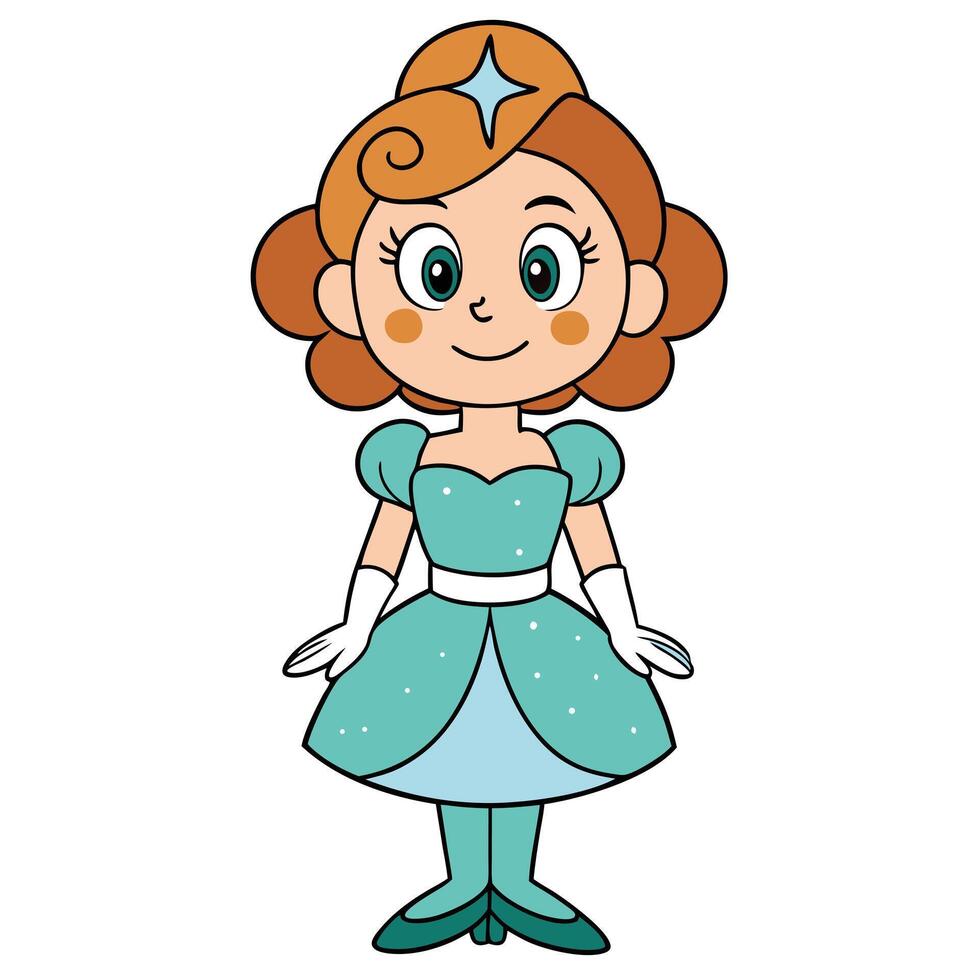 Cute cartoon princess with crown and turquoise dress standing upright portrait vector