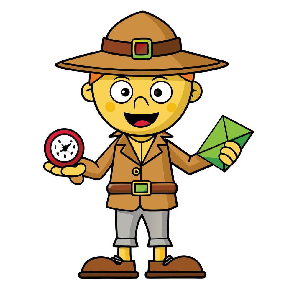 Cartoon explorer character holding compass and envelope illustration graphic design vector