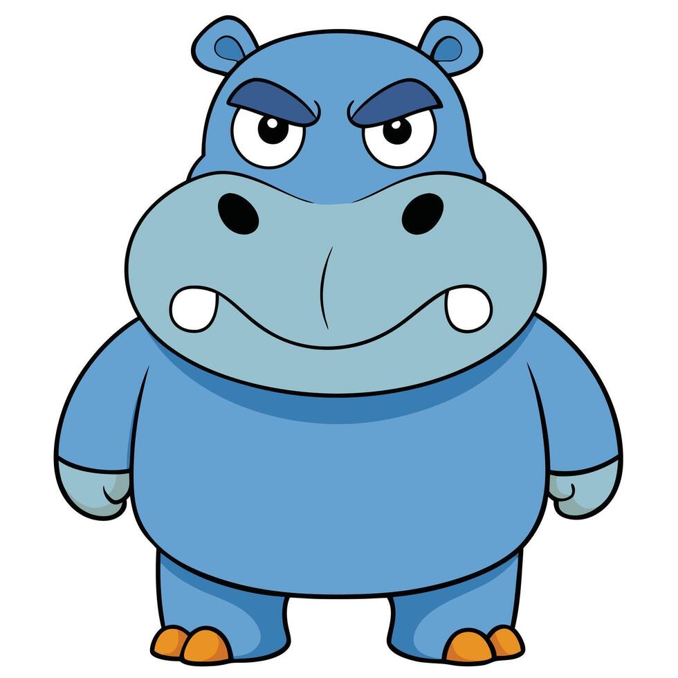 Grumpy blue hippo cartoon character animal illustration for kids education vector