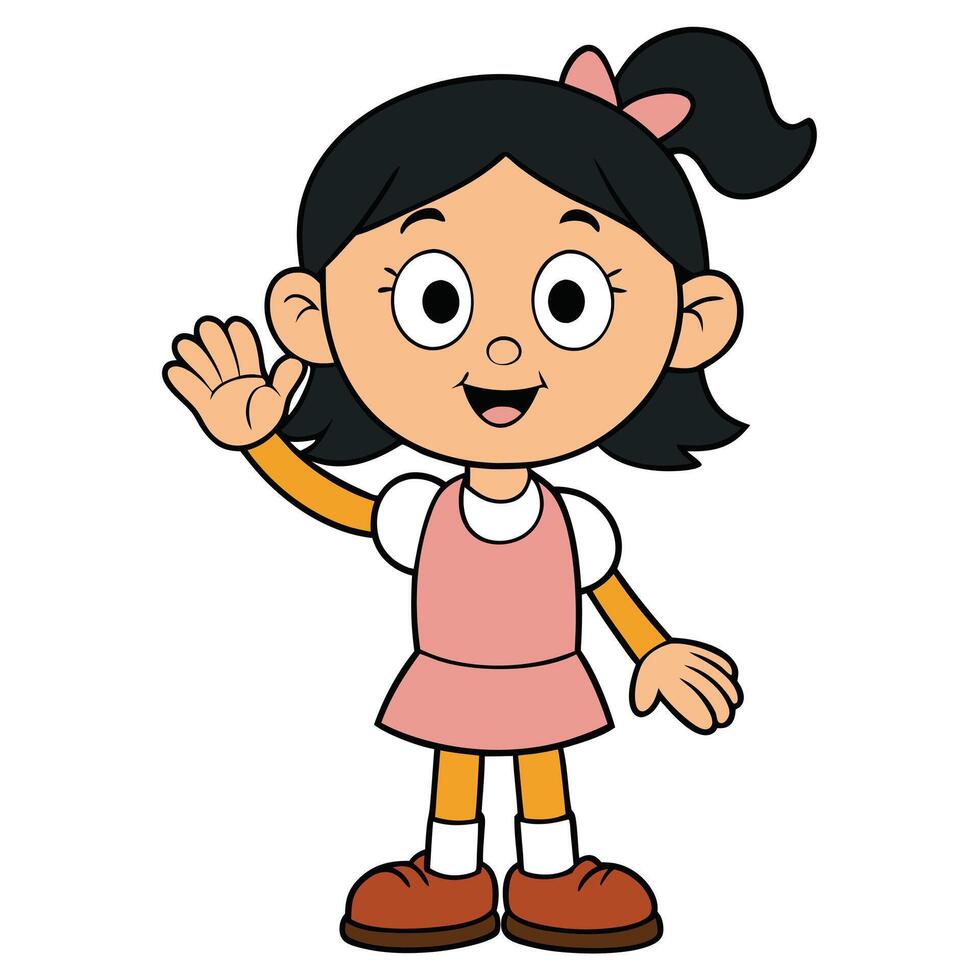 Cartoon little girl waving hello in pink dress happy kid illustration vector