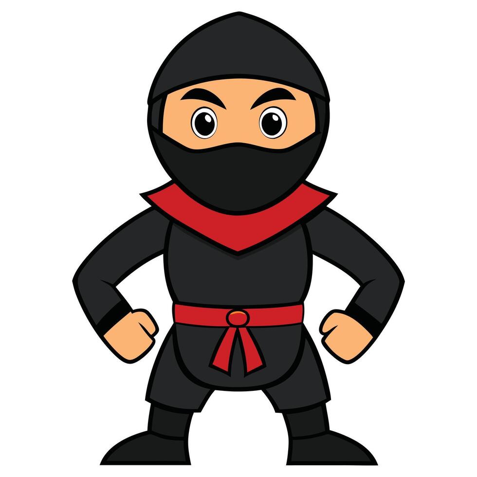 Cartoon ninja warrior in black suit with red accents flat vector