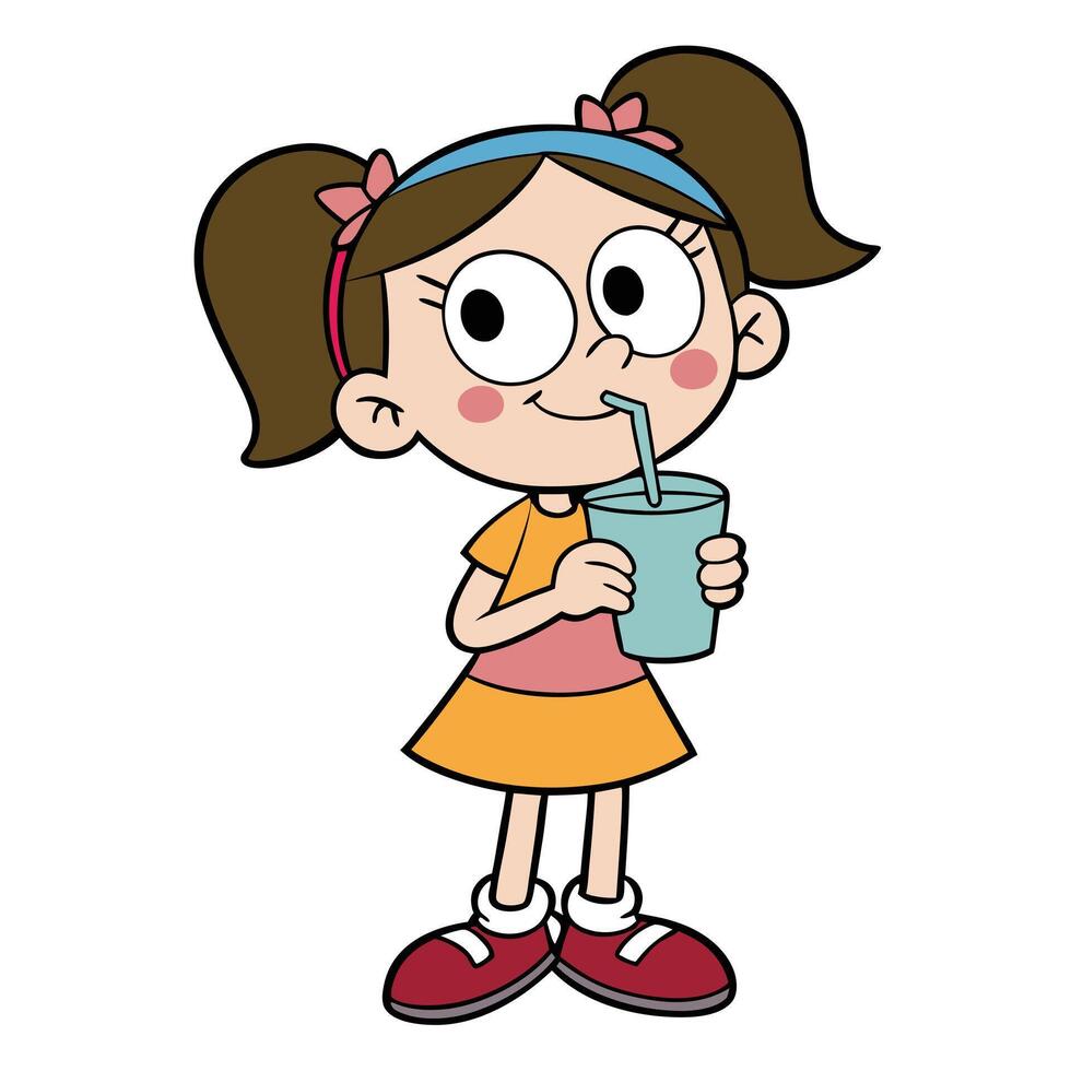 Cheerful cartoon girl enjoying a drink with straw in a blue cup vector