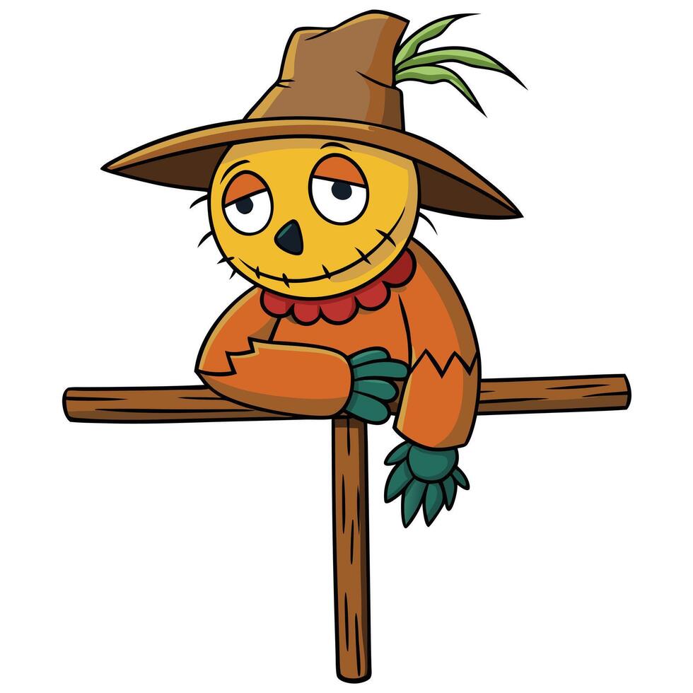 Cartoon scarecrow leaning on wooden cross with sad expression for autumn designs vector