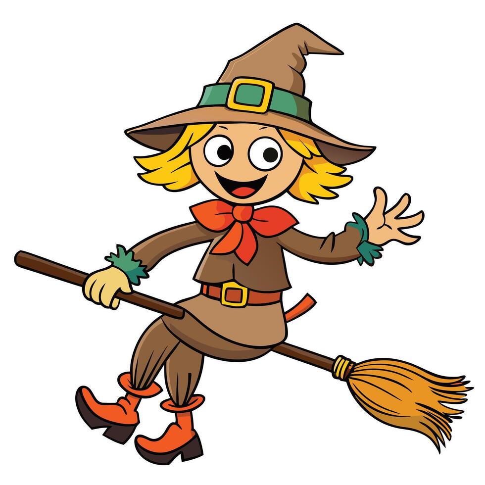Cartoon witch riding a broomstick halloween character illustration festive and fun design vector
