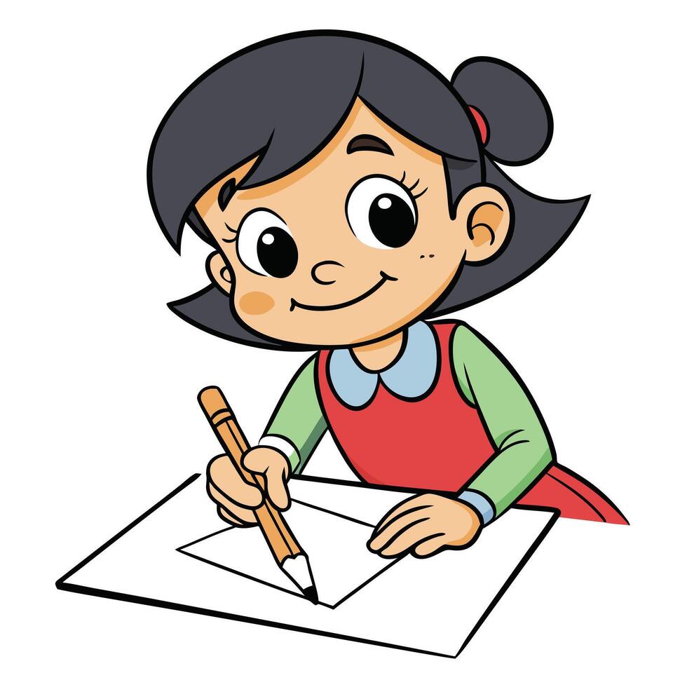 Cartoon girl drawing square with a pencil on white paper illustration vector