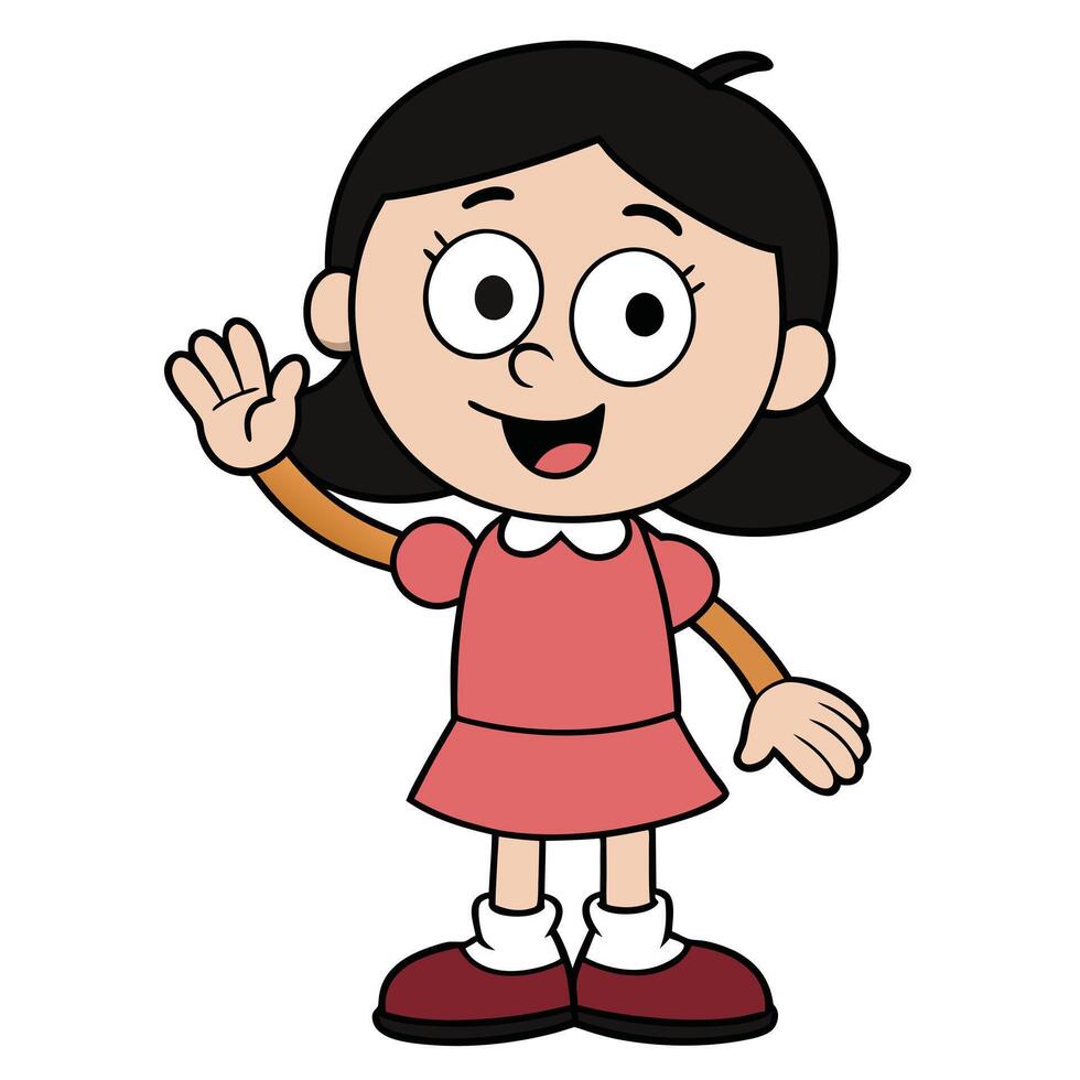 Cartoon girl waving hello cute character in dress illustration vector