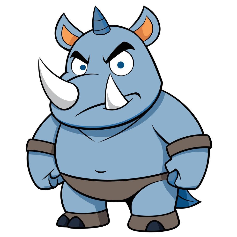 Angry blue cartoon rhino character illustration standing isolated on white background vector