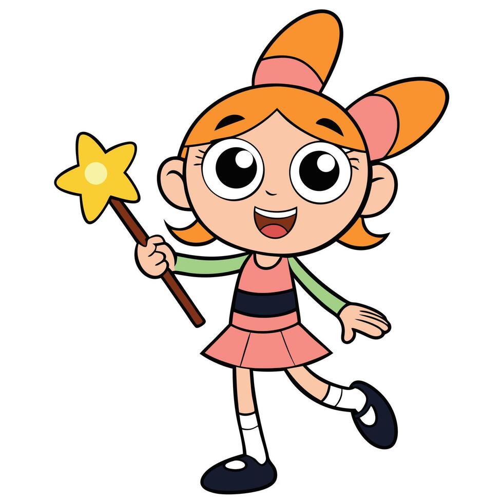Cute cartoon girl with magic star wand colorful illustration vector