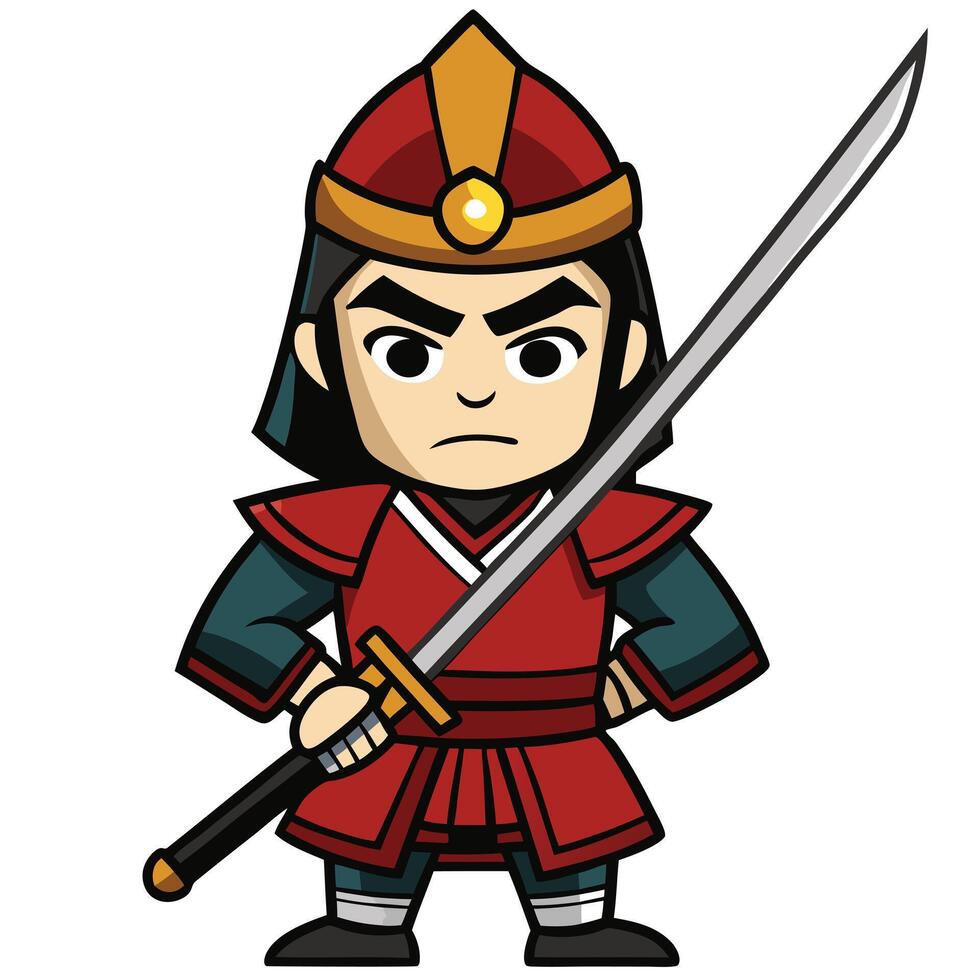 Cartoon chinese warrior with sword in traditional red and gold costume vector