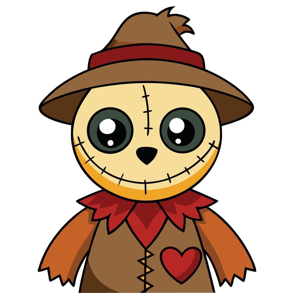 Cute cartoon scarecrow character wearing a hat and heart on chest vector