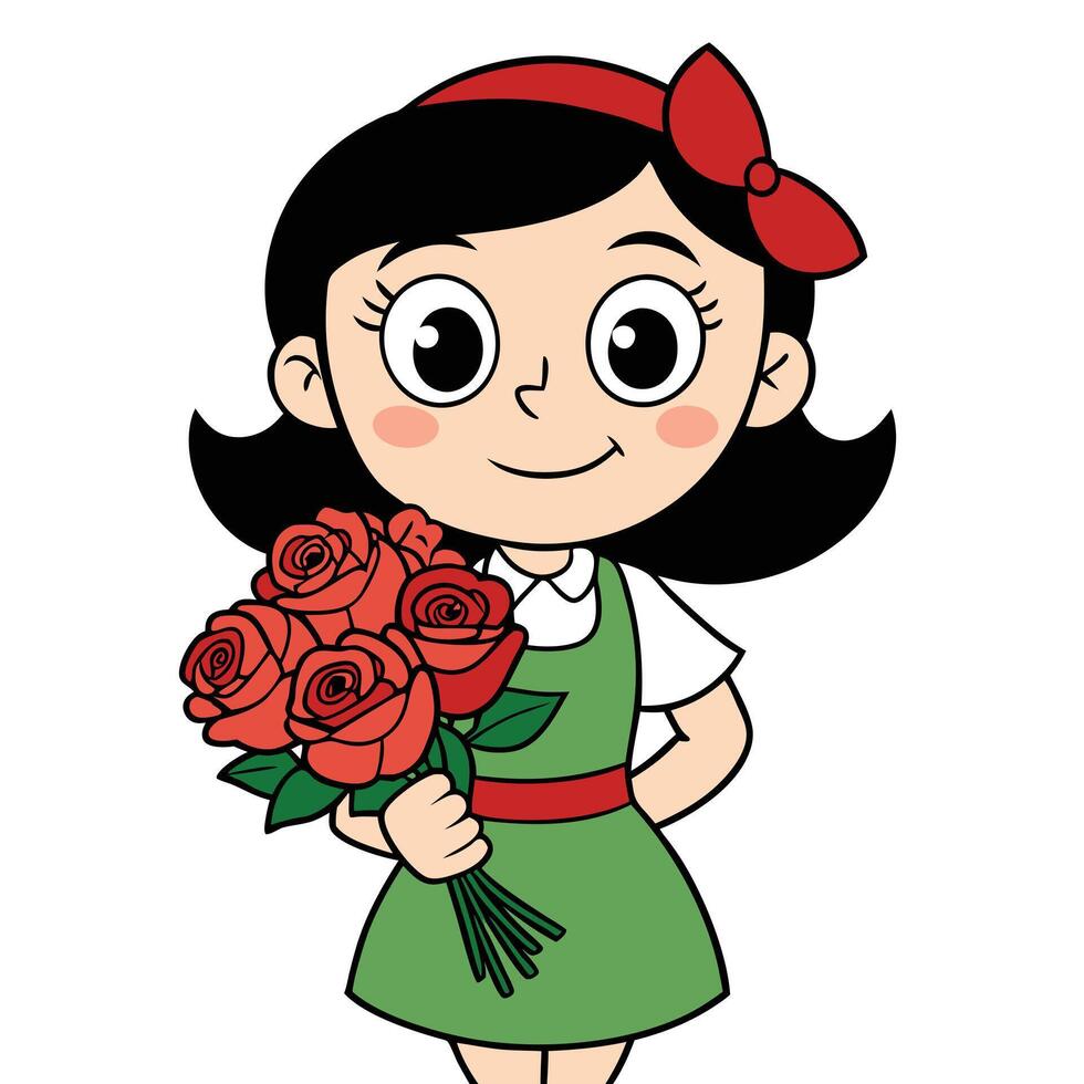 Cartoon girl with roses illustration for greeting cards and invitations design vector