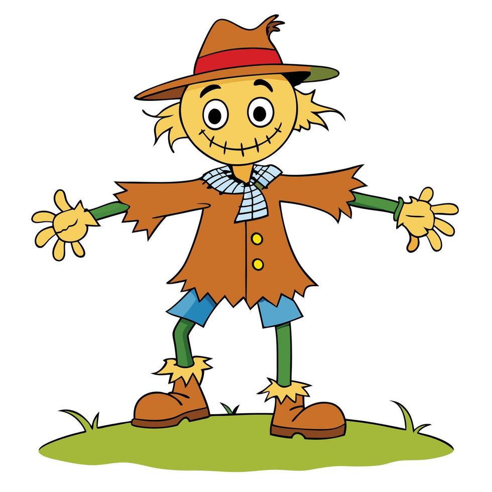 Cartoon scarecrow illustration with hat,scarf,and brown coat on grass vector