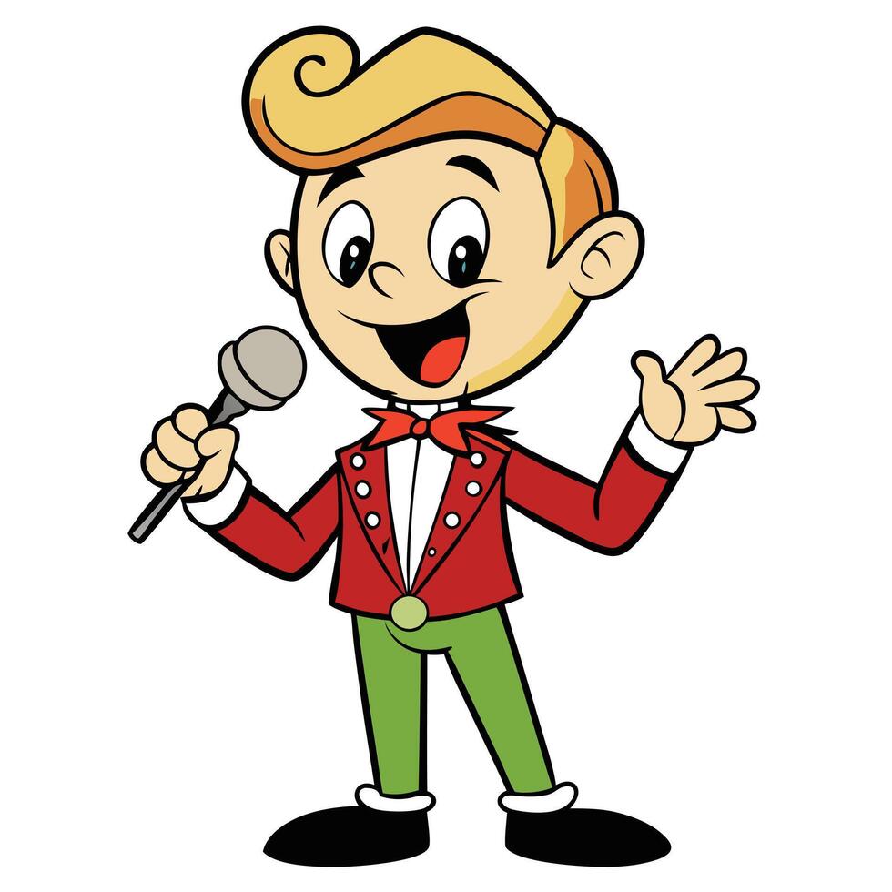 Cartoon boy performing with microphone smiling and waving for audience illustration vector