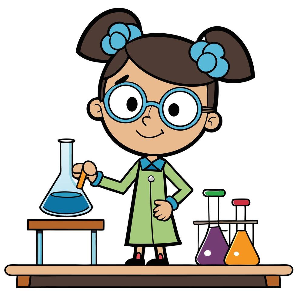 Cartoon scientist girl experimenting with beakers and chemical solutions in a lab vector