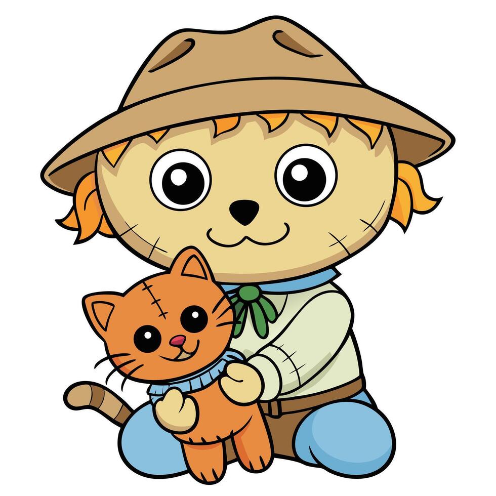 Cute cartoon scarecrow character hugging an orange kitten illustration vector